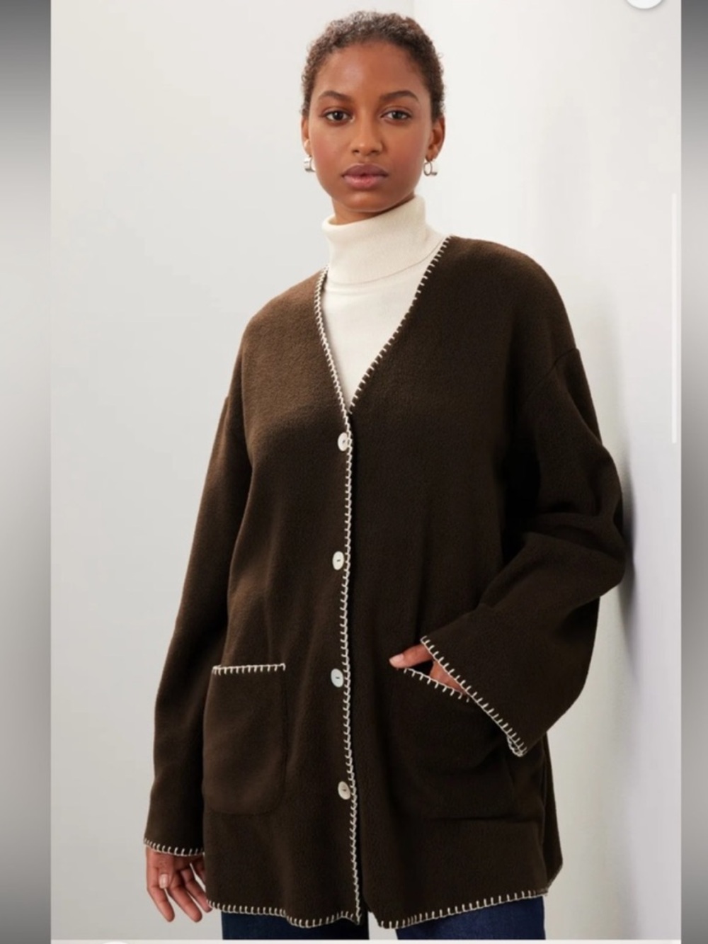 Donni Polar Fleece Brown Button-Front Contrast Stitch Cardigan XS